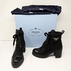 Prada Women's Re-Nylon And Leather Block Heel Ankle Combat Booties Boots Shoes